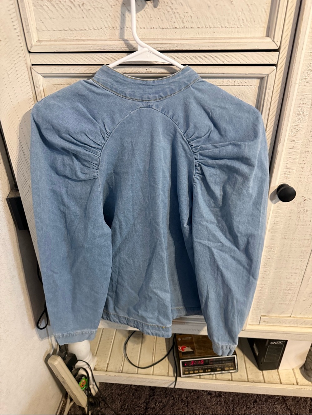New York & Company Light Blue Denim Jacket with Gathered Shoulder Detail